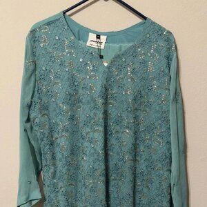 Women's Shalwar Kameez & Pant with Dupatta Set Light Teal Sea Green XL 48